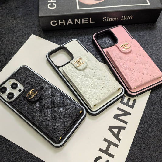 Chanel奢華的羊皮香奈兒紐扣卡套iPhone手機殼